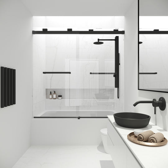Houston 56 to 60 in. W x 66 in. H VMotion Sliding Frameless Tub Door in Matte Black with 3/8 in. (10mm) Clear Glass