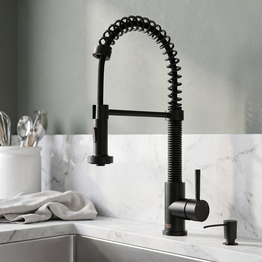 Edison Single Handle Pull-Down Sprayer Kitchen Faucet Set with Soap Dispenser in Matte Black