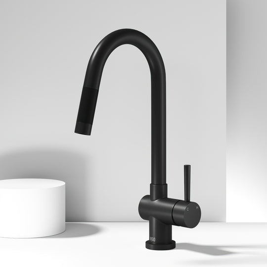 Matte black single handle kitchen faucet with pull-down sprayer and gooseneck spout