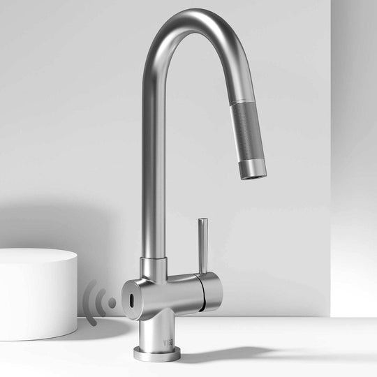 Touchless stainless steel faucet with secure docking and ceramic disc valve