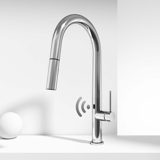 Chrome finish faucet with pull-down sprayer and included mounting hardware