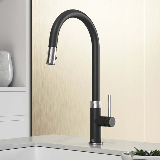 Black and steel pull-down kitchen faucet with high-arc gooseneck spout