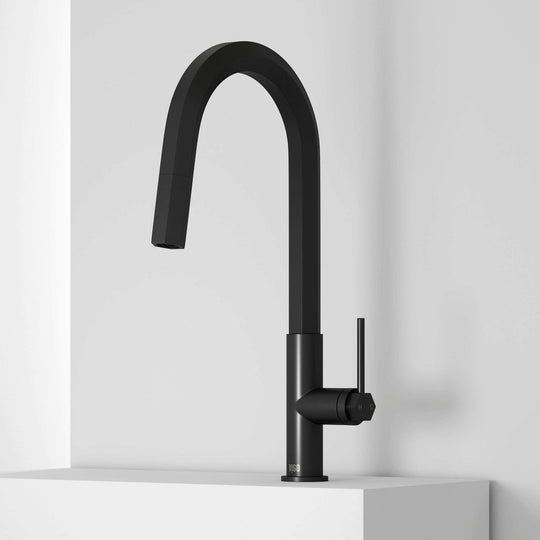 VIGO Hart Pull-Down Kitchen Faucet in stainless steel with hexagonal design and high-arc spout