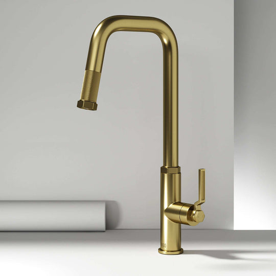 Hart Angular pull-down kitchen faucet in stainless steel with high-arc spout and hexagonal accents