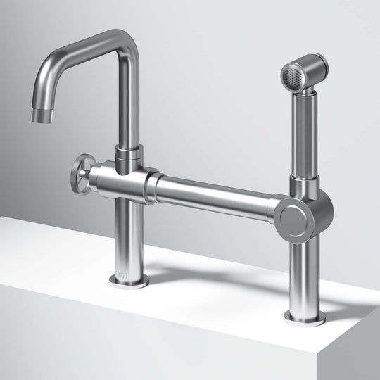 VIGO Cass kitchen faucet with pull-out sprayer in chrome with bridge design and 360-degree swivel spout