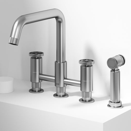 Stainless steel bridge faucet with side spray and compression fittings for deck mount