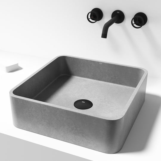 Scratch-resistant concrete vessel sink in square shape, gray finish
