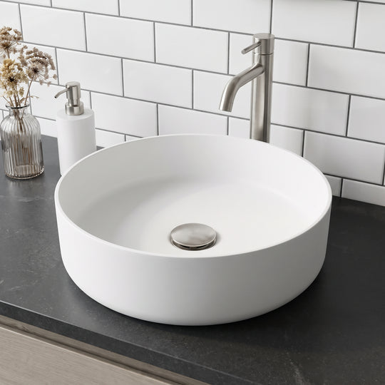 UltraThin™ Modern White Matte Stone™ 14 in. Round Vessel Bathroom Sink