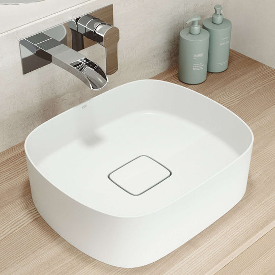 UltraThinโข Modern White Matte Stoneโข 16 in. L x 14 in. W Rectangular Vessel Bathroom Sink