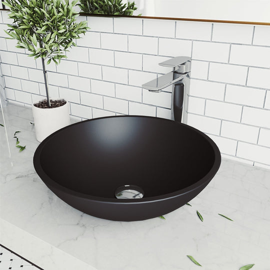 Handmade glass vessel sink featuring rust and scratch resistant design
