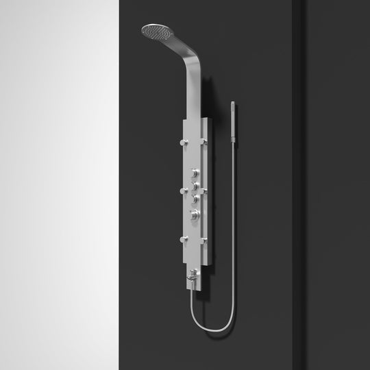 VIGO Mateo 60-inch stainless steel shower panel with six jets, rainfall showerhead, handheld shower, and thermostatic controls close up image