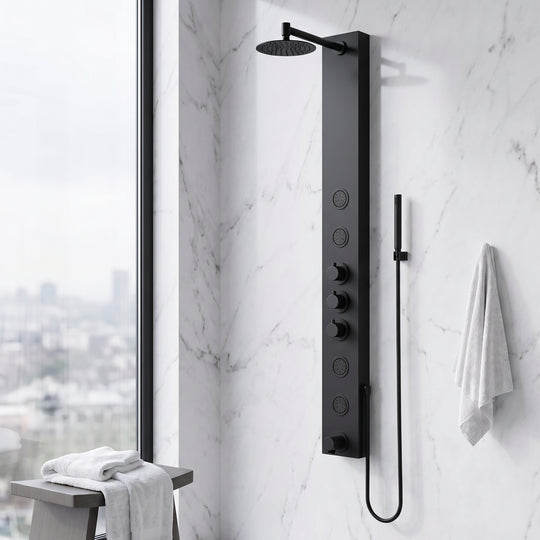 Stainless steel rectangular shower panel with thermostatic valve and body jets