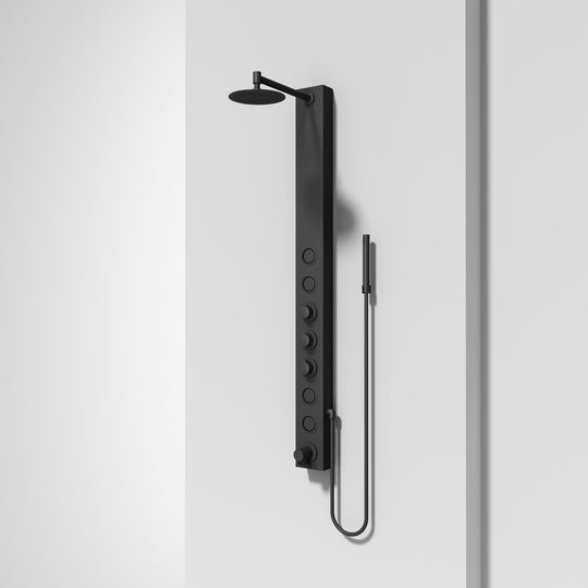 Complete shower panel kit with all mounting hardware and thermostatic control