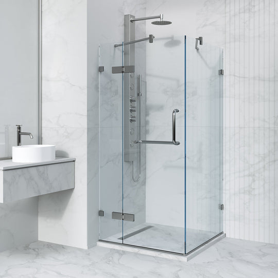 Chrome frameless shower enclosure with tempered clear glass