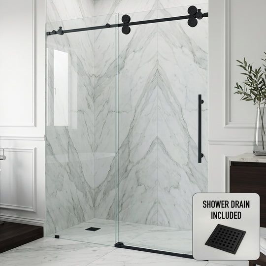 Elan 56 to 60 in. W X 74 in. H Frameless Sliding Shower Door 3/8" Clear Glass in Matte Black with Elan 4 in. Square Shower Drain in Matte Black
