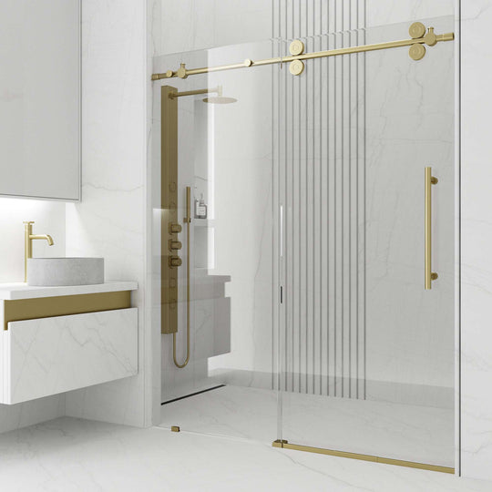 Matte gold frameless sliding shower door with clear tempered glass, 56 to 60 in. width