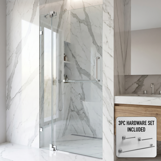 Pirouette 36 to 42 in. W x 72 in. H Frameless Pivot Shower Door and Satro 3-Piece Bath Hardware Set in Chrome