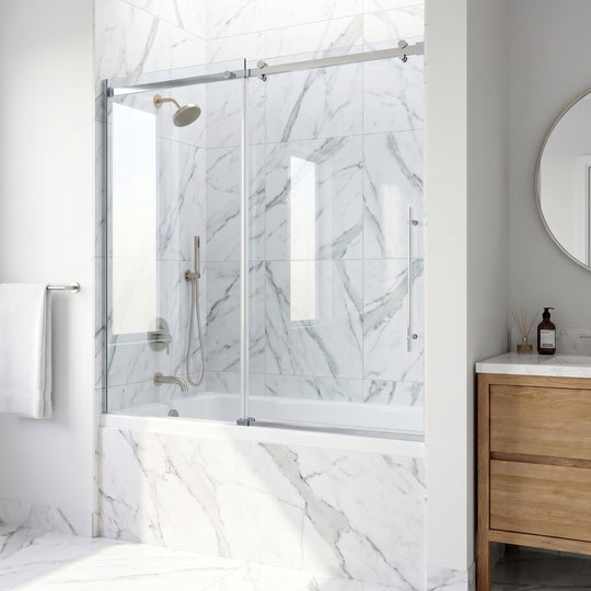 Luca 56 to 60 in. W x 58 in. H Frameless Sliding Tub Door and Elan 24 in. Linear Shower Drain in Chrome