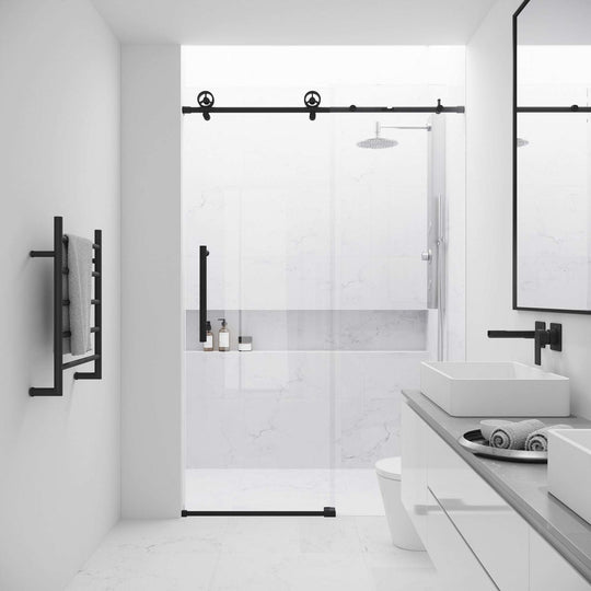 Matte black frameless shower door with sliding clear tempered glass, 48 to 52 in. adjustable width