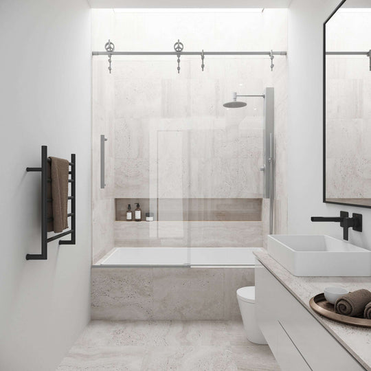 Frameless shower door with stainless steel bar handle, clear glass, reversible installation, alcove mount