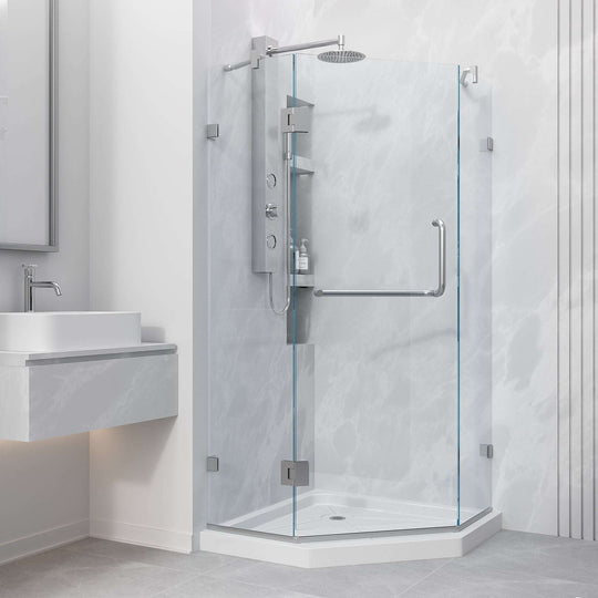 Frameless shower with slip-resistant floor and tempered safety glass