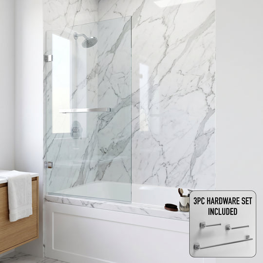 Rialto 34 in. W x 58 in. H Hinged Frameless Tub Door in Chrome with 5/16 in. (8mm) Clear Glass and Satro 3-Piece Bath Hardware Set