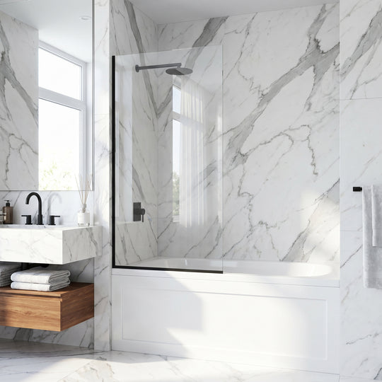 VIGO Meridian Zenith 34 x 62 in. Semi-Framed Fixed Tub Screen with Clear/Fluted Tempered Glass
