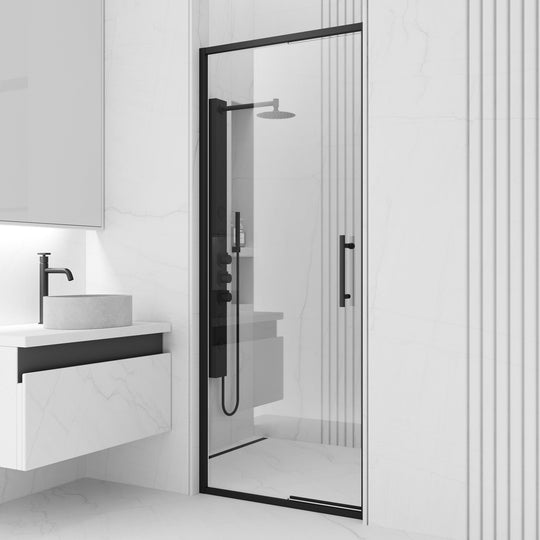 Matte black framed shower door with clear tempered glass and bar handle