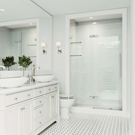 Powell 47 1/4 to 48 3/4 in. W x 74 in. H Hinged Frameless Shower Door in Chrome with 5/16 in. (8mm) Clear Glass