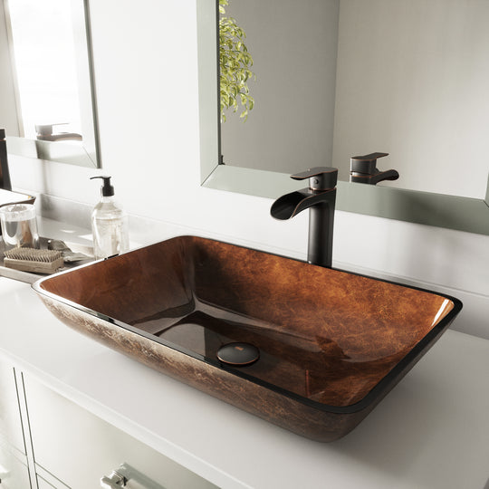 Glass Rectangular Vessel Bathroom Sink in Chocolate Brown with Niko Faucet and Pop-Up Drain in Antique Rubbed Bronze