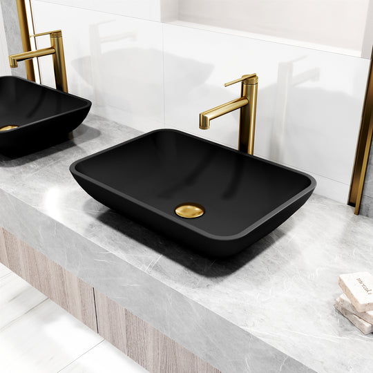 Matte Shell Sottile Glass Rectangular Vessel Bathroom Sink in Black with Sterling Faucet and Pop-Up Drain in Matte Gold
