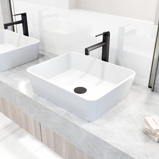 Matte Stone Marigold Composite Rectangular Vessel Bathroom Sink in White with Faucet and Pop-Up Drain in Matte Black