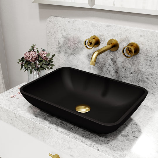 Matte Shell Sottile Glass Rectangular Vessel Bathroom Sink in Black with Wall-Mount Faucet and Drain in Matte Gold