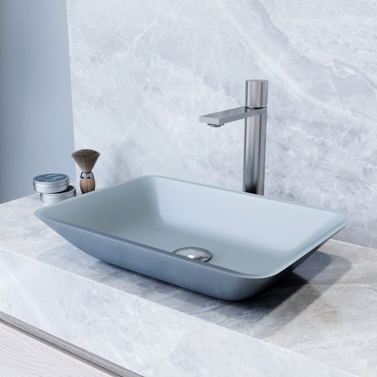 Matte Shell Sottile Glass Rectangular Vessel Bathroom Sink in Blue with Gotham Faucet and Pop-up Drain in Brushed Nickel