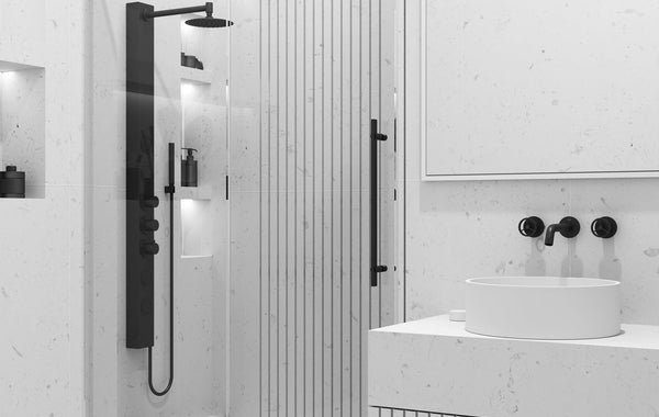 Luxury modern bathroom with VIGO shower doors, bathroom faucets, vessel sinks, vanity mirrors and premium bathroom fixtures for contemporary home remodeling and interior design inspiration. 