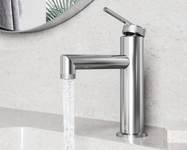 A brushed-nickel VIGO Sterling single-hole bathroom faucet installed on a modern vanity