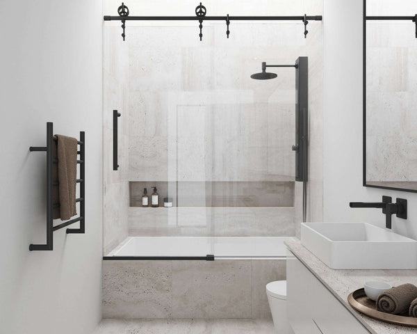 Hamilton Aerodynamic Frameless Sliding Bath Tub Door 56-60 in. Wide and 68 in. High – Matte Brushed Gold with Clear Tempered Glass
