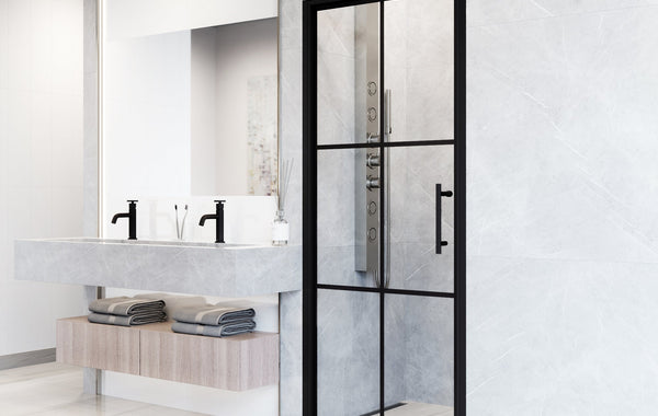 A sleek modern bathroom featuring a bathtub, shower, and beige textured tiles.