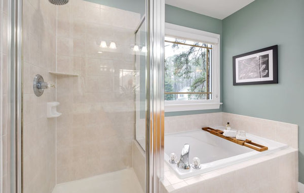 Elegant bathroom featuring a glass shower, ceramic bathtub, and modern decor with natural light.
