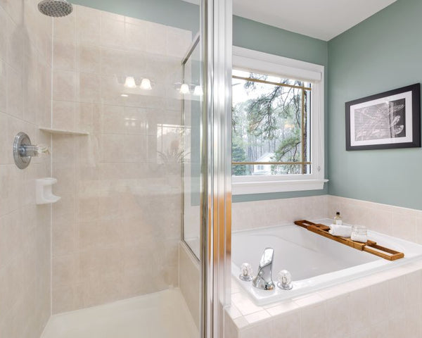 Elegant bathroom featuring a glass shower, ceramic bathtub, and modern decor with natural light.