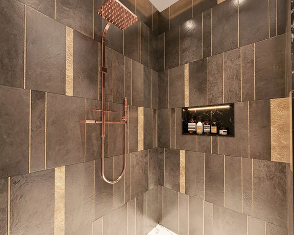 Luxurious modern shower with dark textured tiles and copper fixtures for a sophisticated bathroom design.