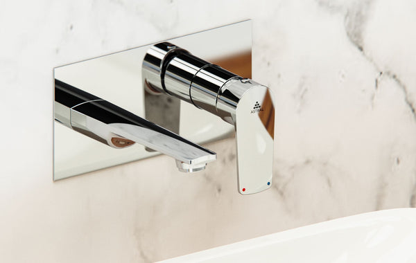Sleek chrome wall-mounted faucet against a marble background, perfect for luxury and modern bathroom designs.