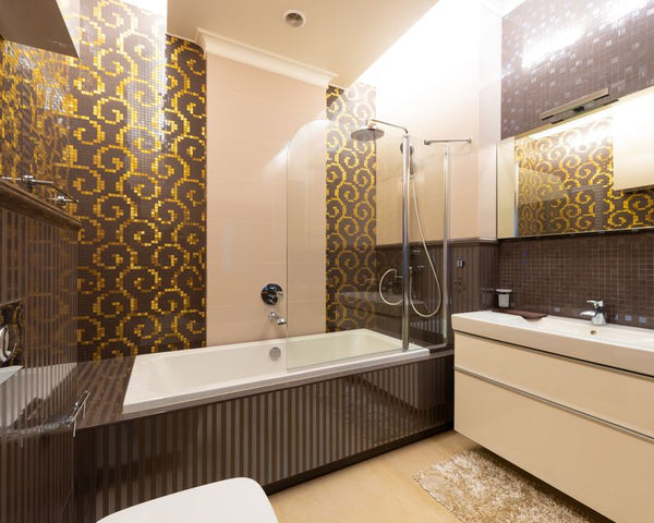 Contemporary bathroom featuring a luxurious design with modern fixtures and patterned tiles.
