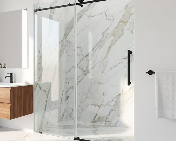VIGO frameless sliding shower door with matte black round rollers on a top rail, against white marble walls