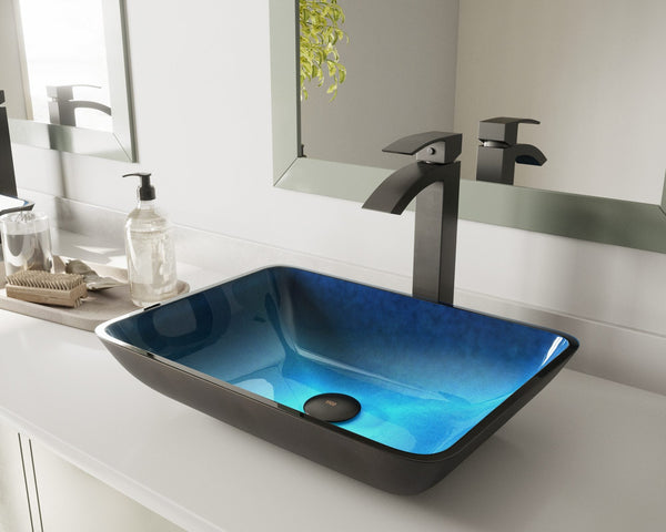 VIGO Sottile rectangular tempered glass vessel sink in Turquoise Water with a black single-handle vessel faucet on a white vanity