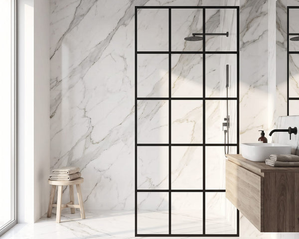 VIGO Meridian Mosaic framed fixed shower screen with a matte black grid in a marble walk-in shower