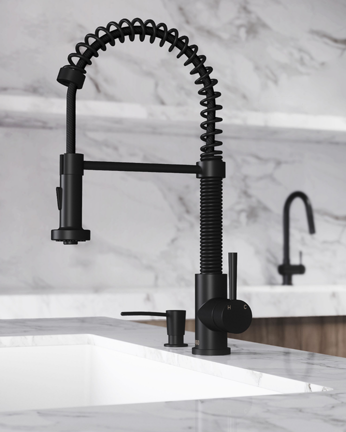Modern matte black kitchen faucet with sleek single-handle design and pull-down sprayer.