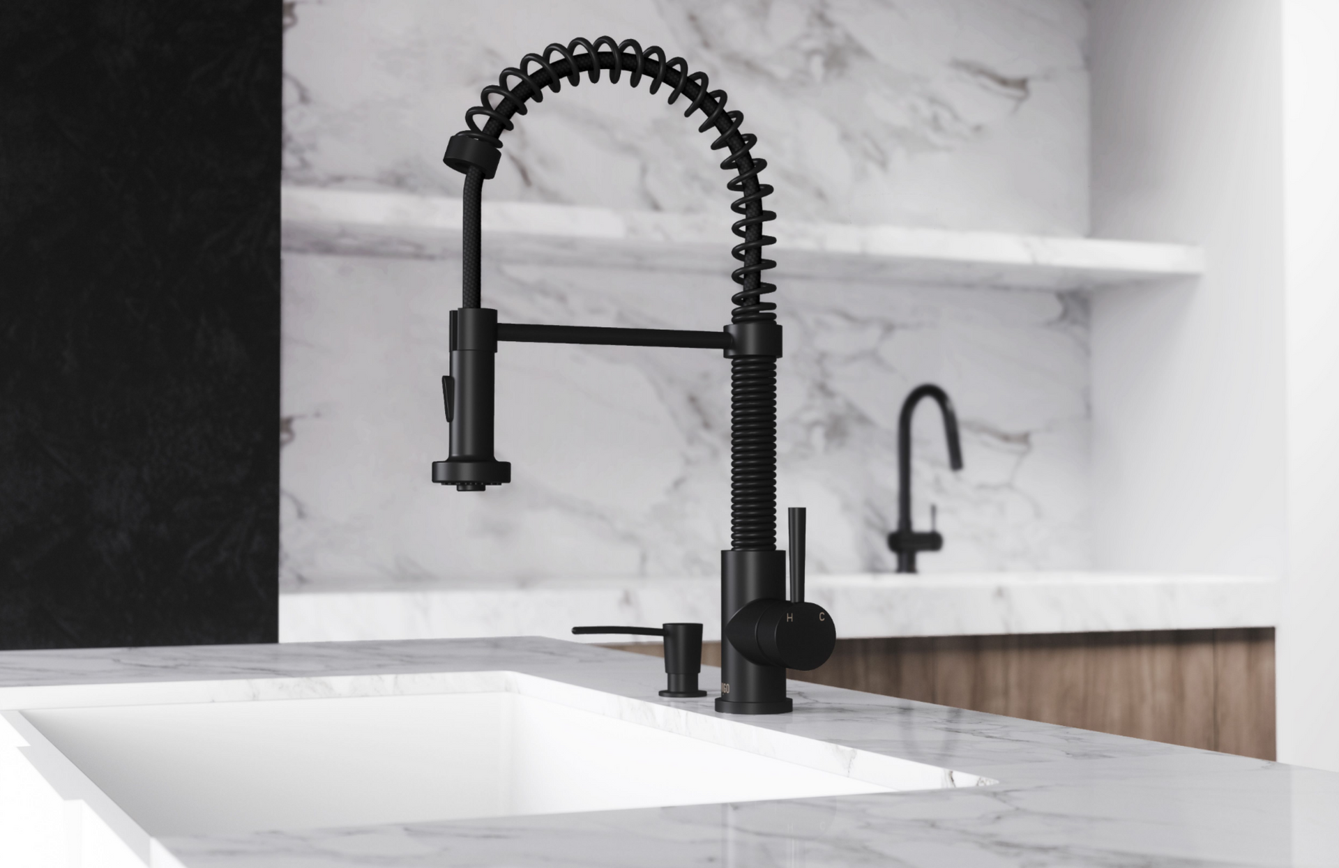 Modern matte black kitchen faucet with sleek single-handle design and pull-down sprayer.
