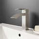 Brushed nickel single hole bathroom faucet with lever handle and waterfall spout