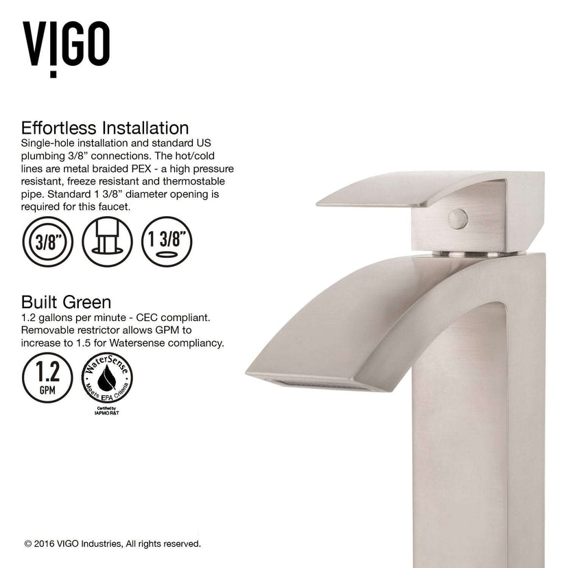 Waterfall spout bathroom faucet in brushed nickel finish with hot/cold indicators